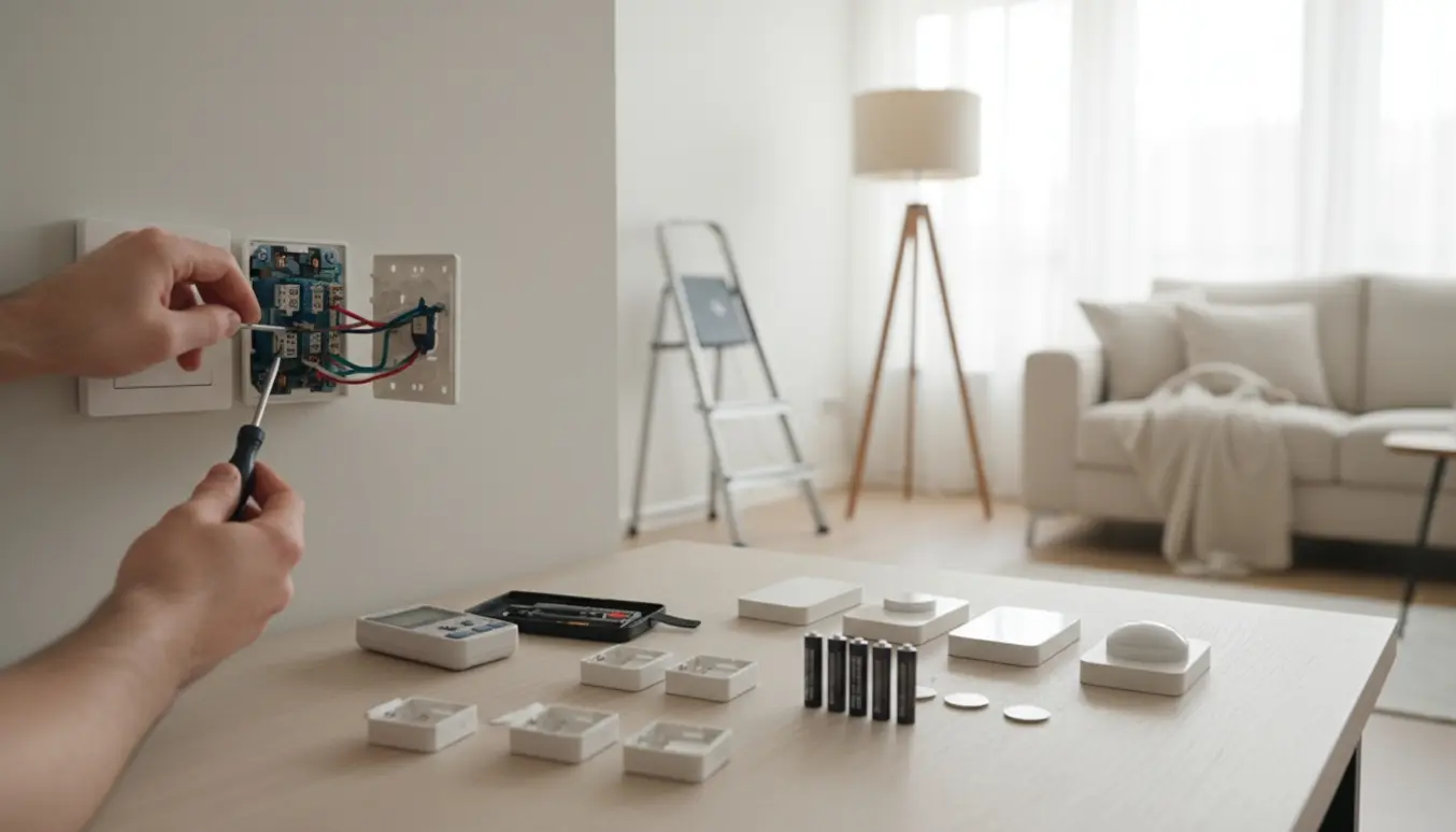 Nærbillede af hænder, der koder en lyskontakt og skifter batterier i fem vægkontakter i en lys lejlighed.