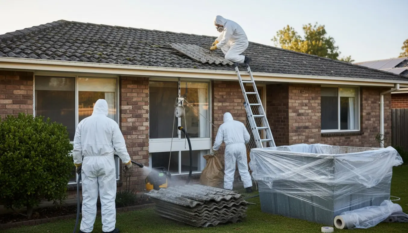 Håndværkere i beskyttelsesdragter fjerner og indsamler asbesttagplader fra et lavtliggende étplans hus.