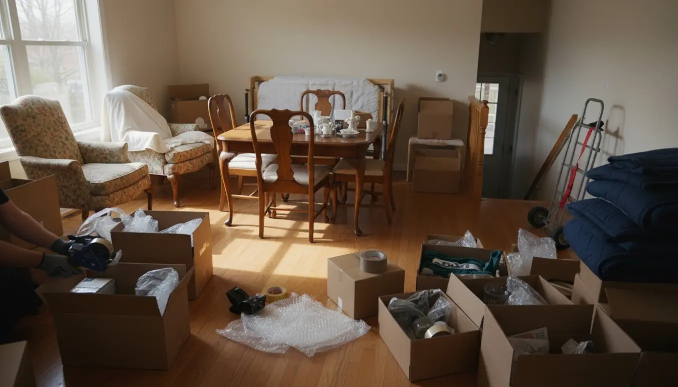 Rydning af dødsbo i en stuelejlighed med kasser, to lænestole, spisebord med seks stole og en elevationsseng.