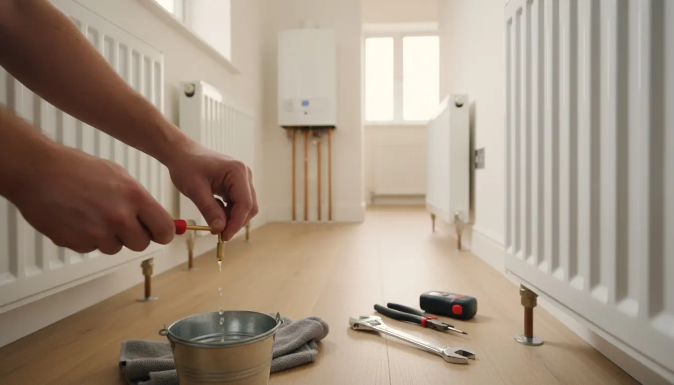 Hænder udlufter radiator med en udluftningsnøgle og spand under, mens et termostathus er fjernet.