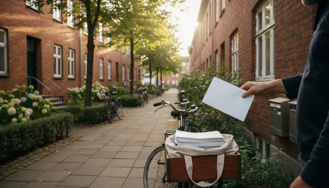 Hænder lægger ubrandede flyers i postkasser foran rækkehuse i Frederiksbjerg.
