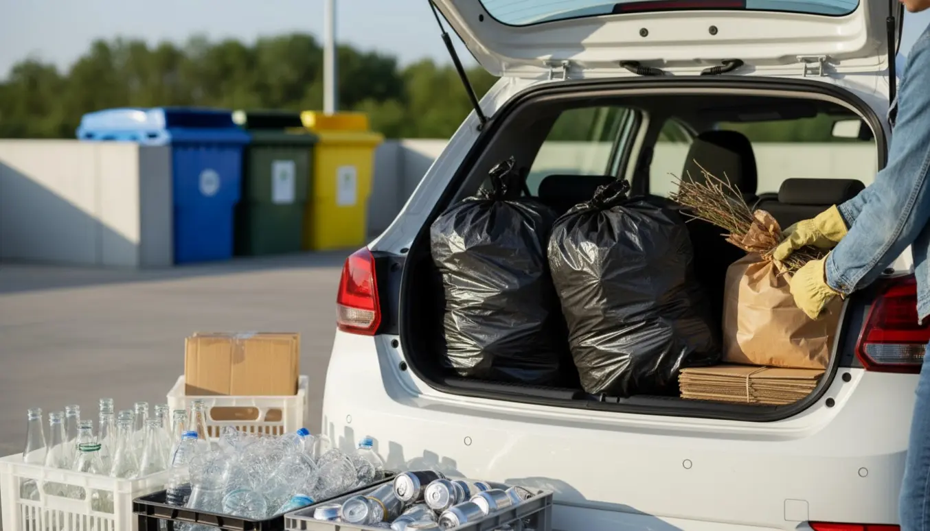 Bil med åben bagagerum ved en genbrugsstation, hvor småt brændbart og sorterede genbrugsmaterialer læsses af.