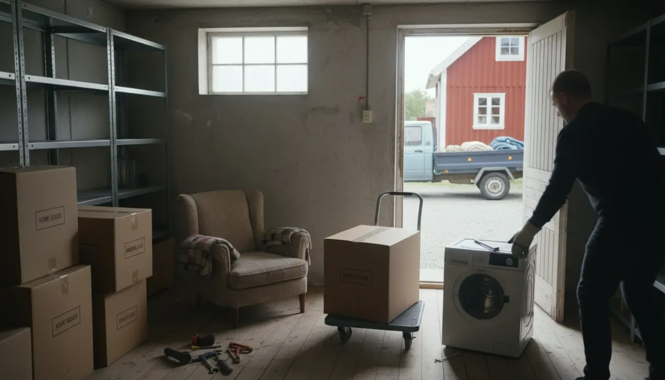 Kælder ryddes med kasser og møbler, der læsses på trailer til genbrugspladsen.