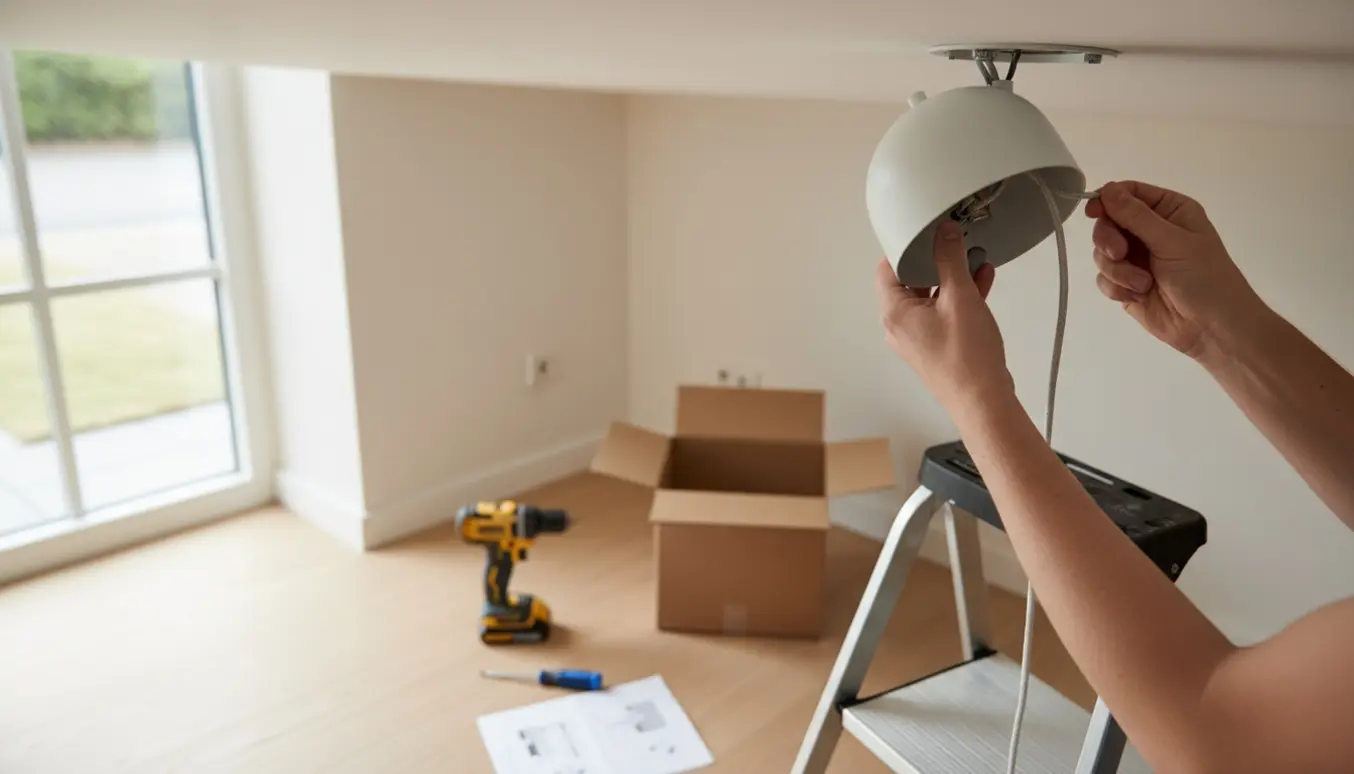 En person hænger en simpel hvid loftlampe op med en trappestige og boremaskine.