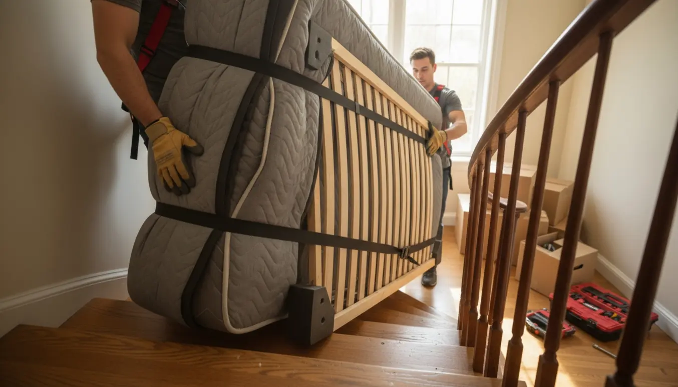 To personer bærer en seng op ad en trappe til første sal med flyttetæpper og stropper.