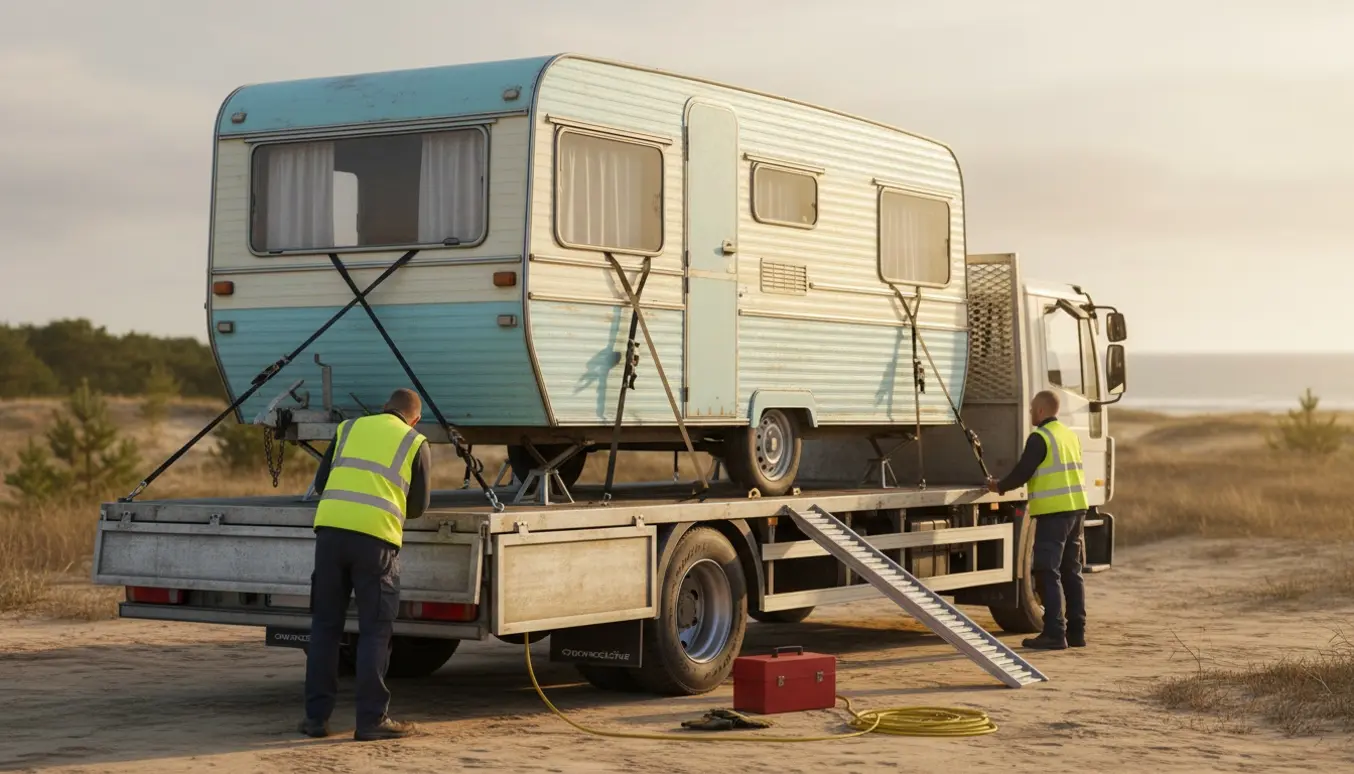 Campingvogn sikret på et lastbilflak med stropper ved en kystnær campingplads.