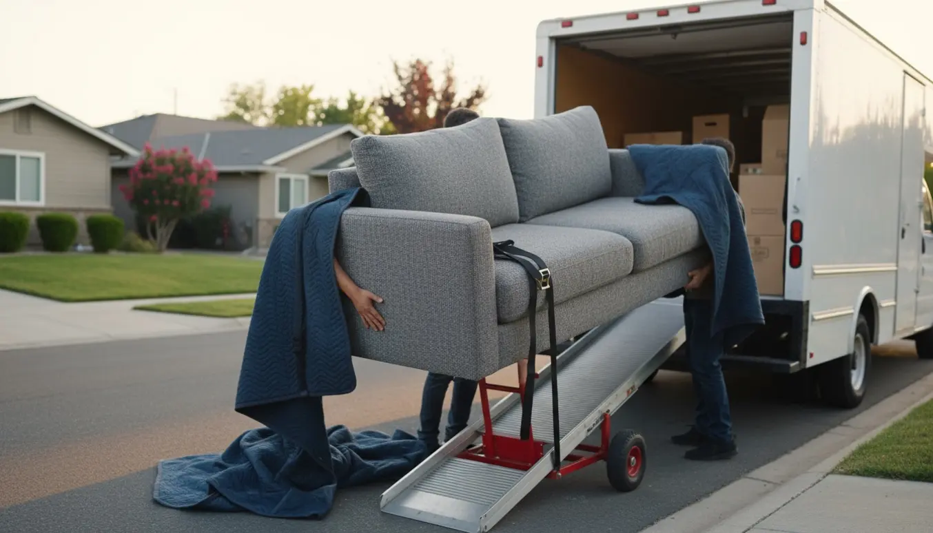 To personer laster en stor sofa ind i en hvid flyttebil på en stille villavej med tæpper og stropper, ansigter ikke synlige.