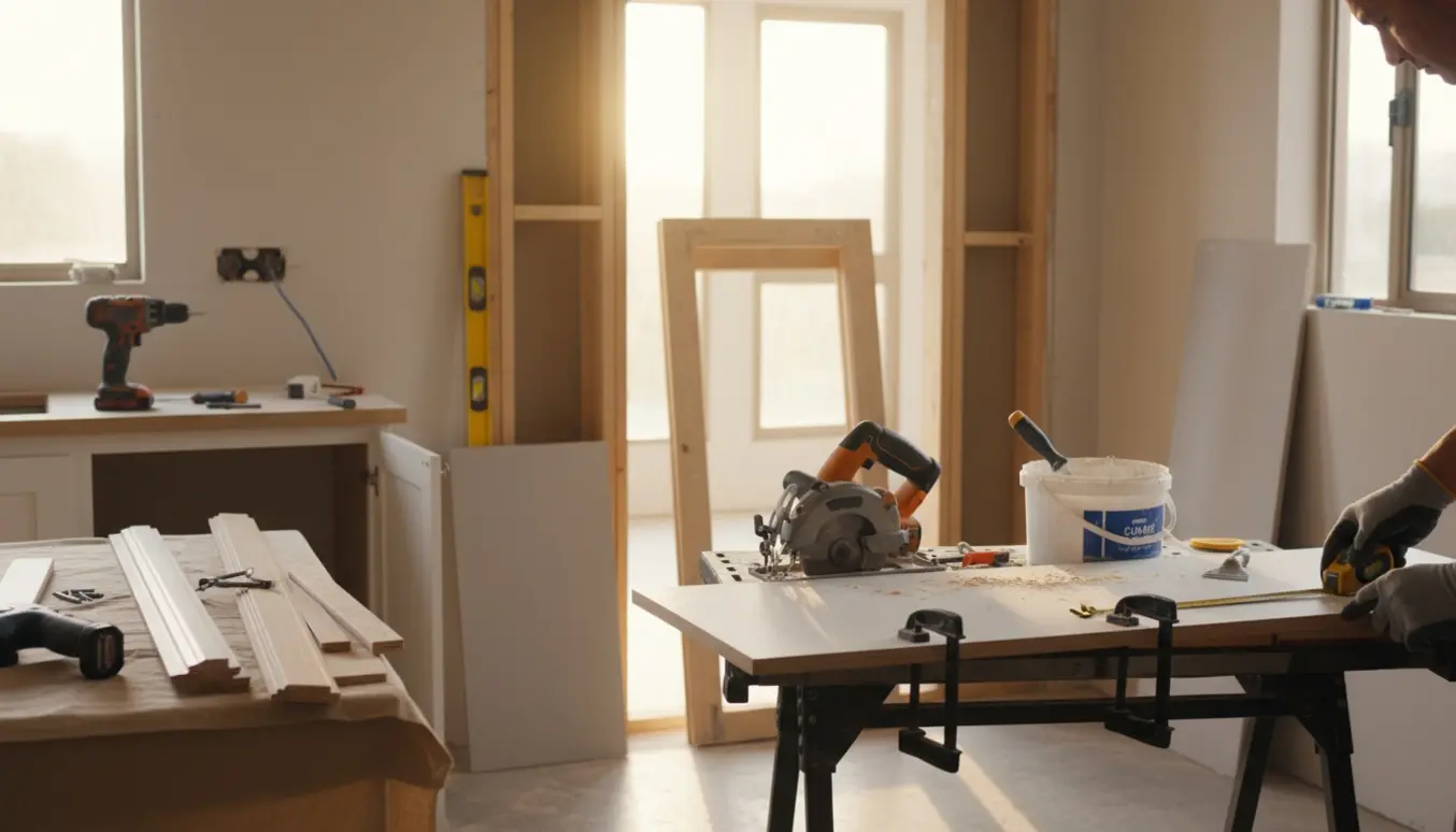 Håndværker måler og tilpasser bordplade og lister i et solbelyst køkken med værktøj og en nye døråbning.