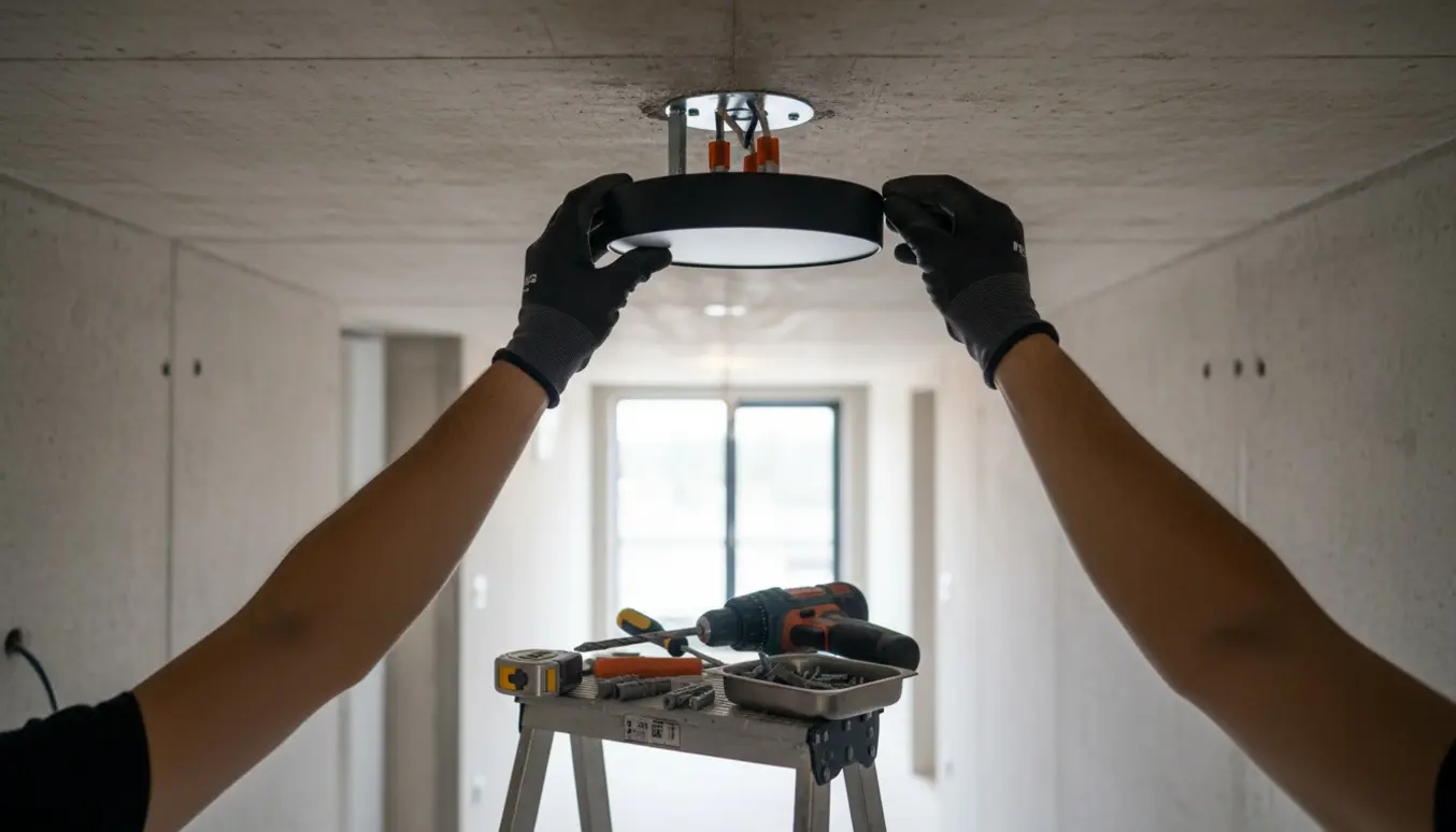 Hænder monterer en loftlampe i en gang med betonloft.