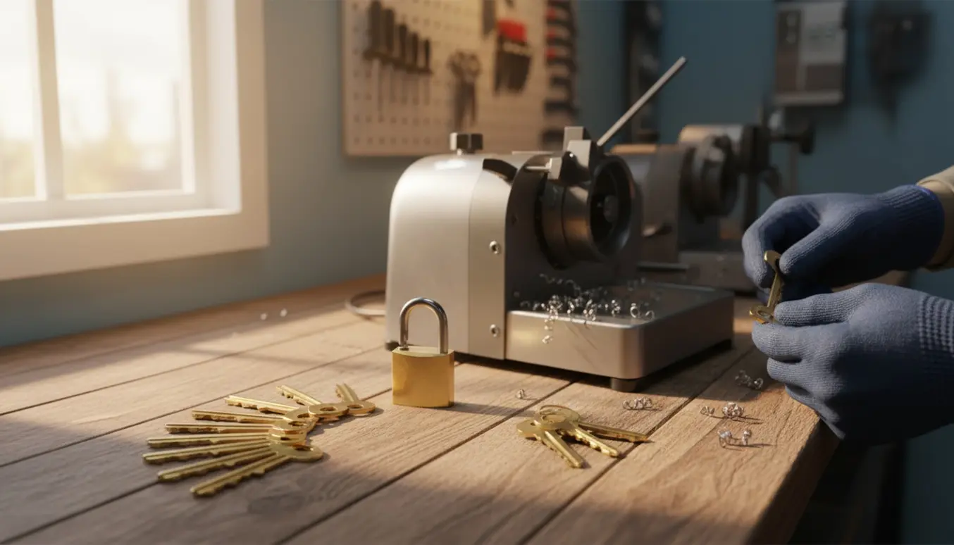 Ti kopier af en hængelåsnøgle lagt ud på et værkstedsbord ved siden af en nøglefremstillingsmaskine.