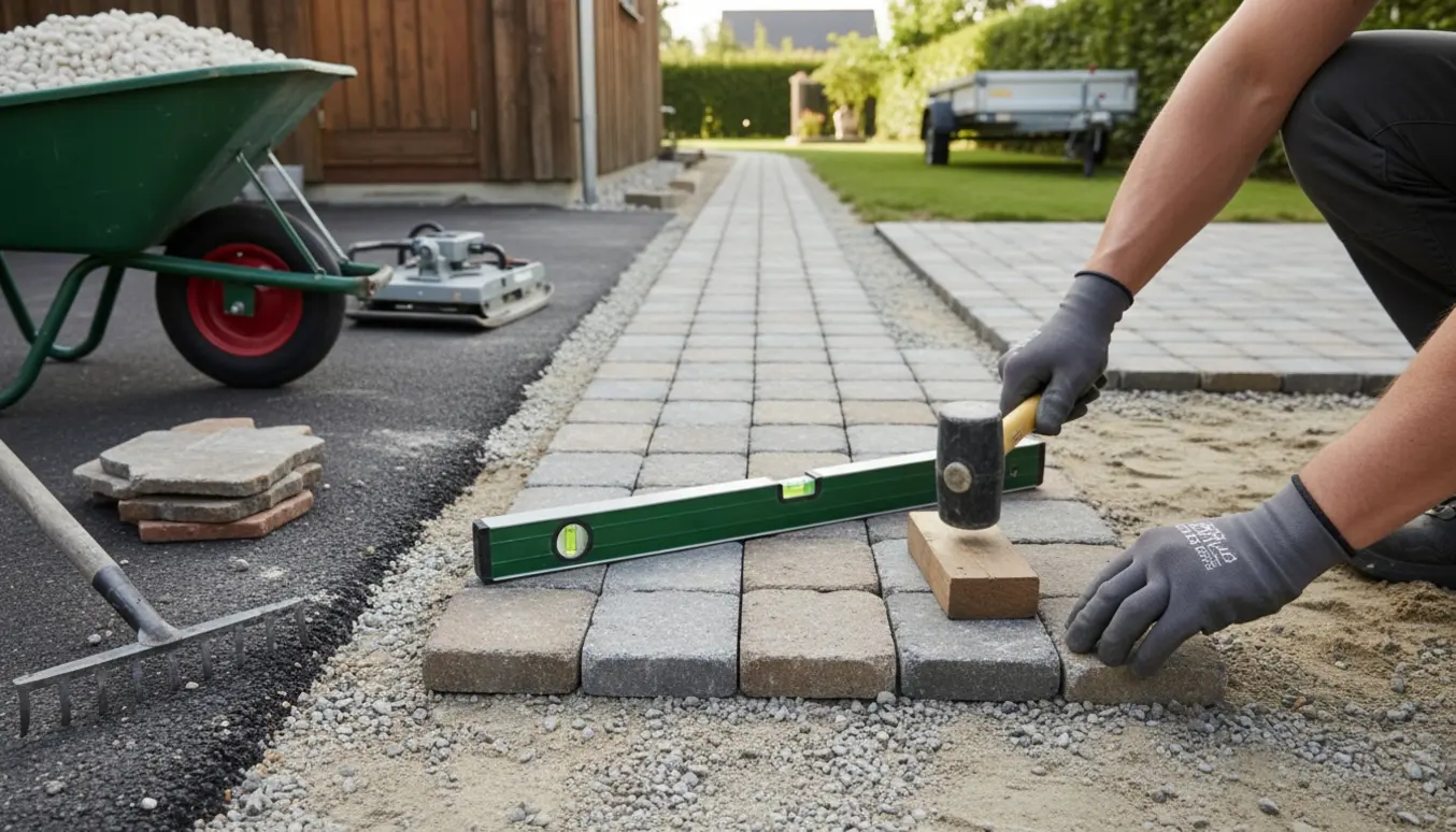 Nærbillede af lægning af gråmix herregårdssten på gangsti og parkeringsareal med værktøj og grusunderlag.