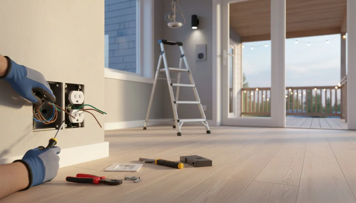 En elektriker uden synligt ansigt monterer en ny vægstikkontakt, med loftsarmatur under forberedelse og en udendørsstikkontakt synlig gennem terrassedøren.