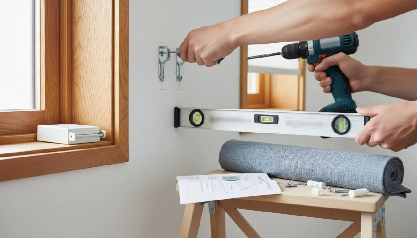 Nærbillede af opsætning af rullegardin og gardinstang ved et vindue med værktøj og hænder i arbejde.