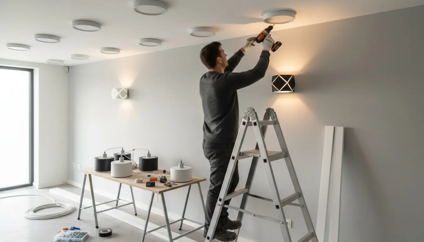 Montering af syv loftlamper og en væglampe i et lyst rum med værktøj og ledningsskjulere.