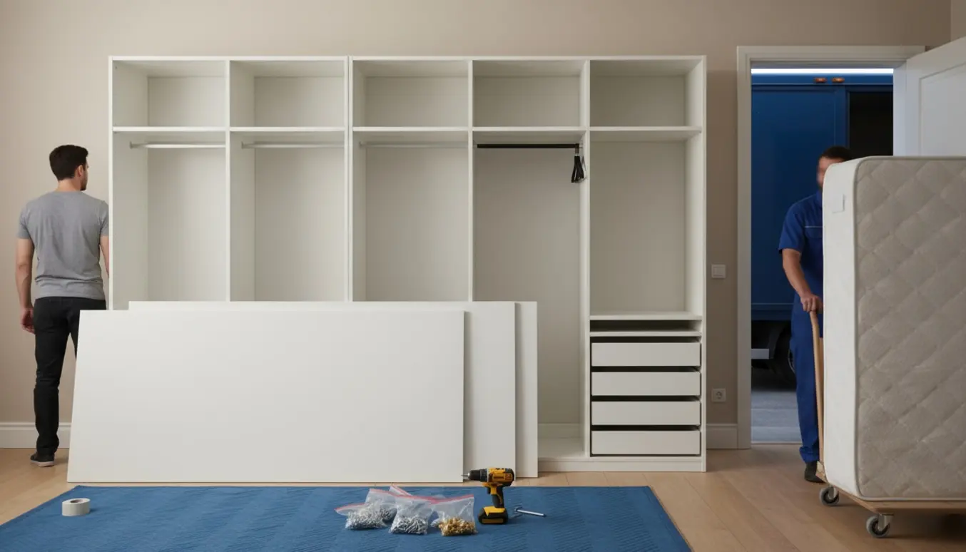 Afmonteret IKEA PAX-skab og indpakket boxmadras klar til flytning med værktøj og flyttemåtter.