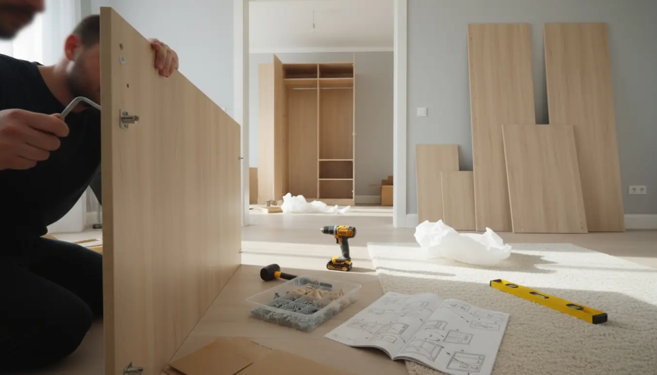 Hænder, der skiller et stort IKEA-skab ad og genmonterer det med skruer og værktøj ved en døråbning.