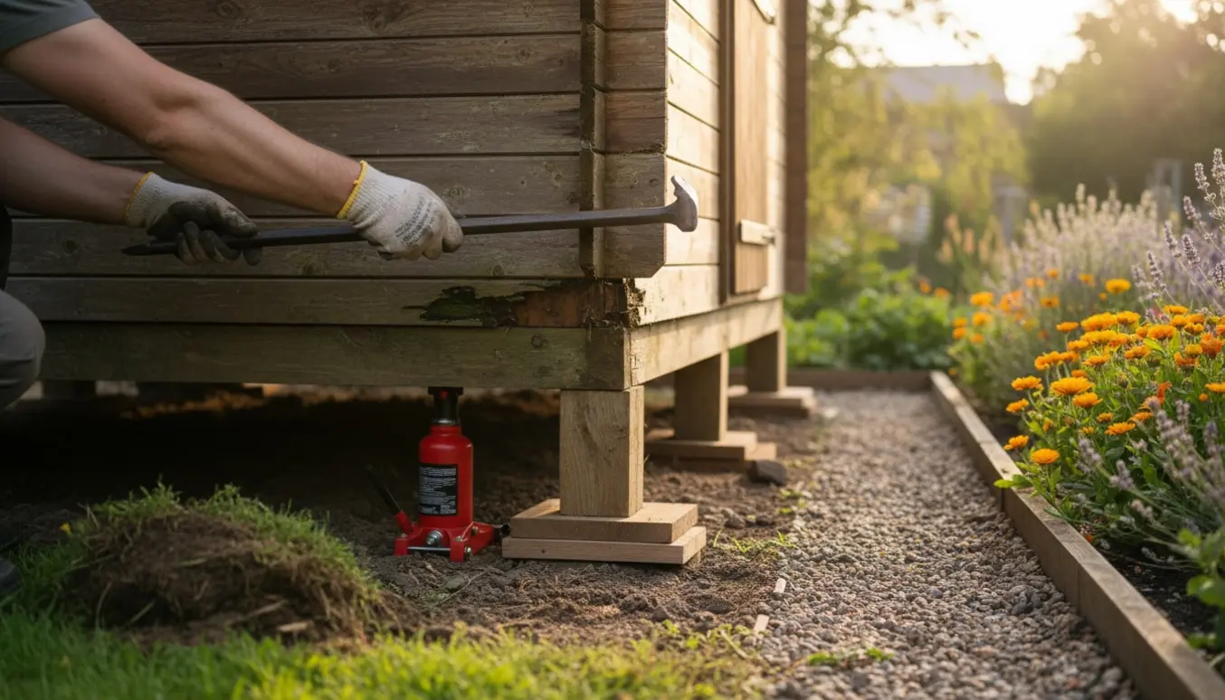 Et kolonihavehus løftet i det ene hjørne med støttepæle og værktøj, så fundamentet kan undersøges.