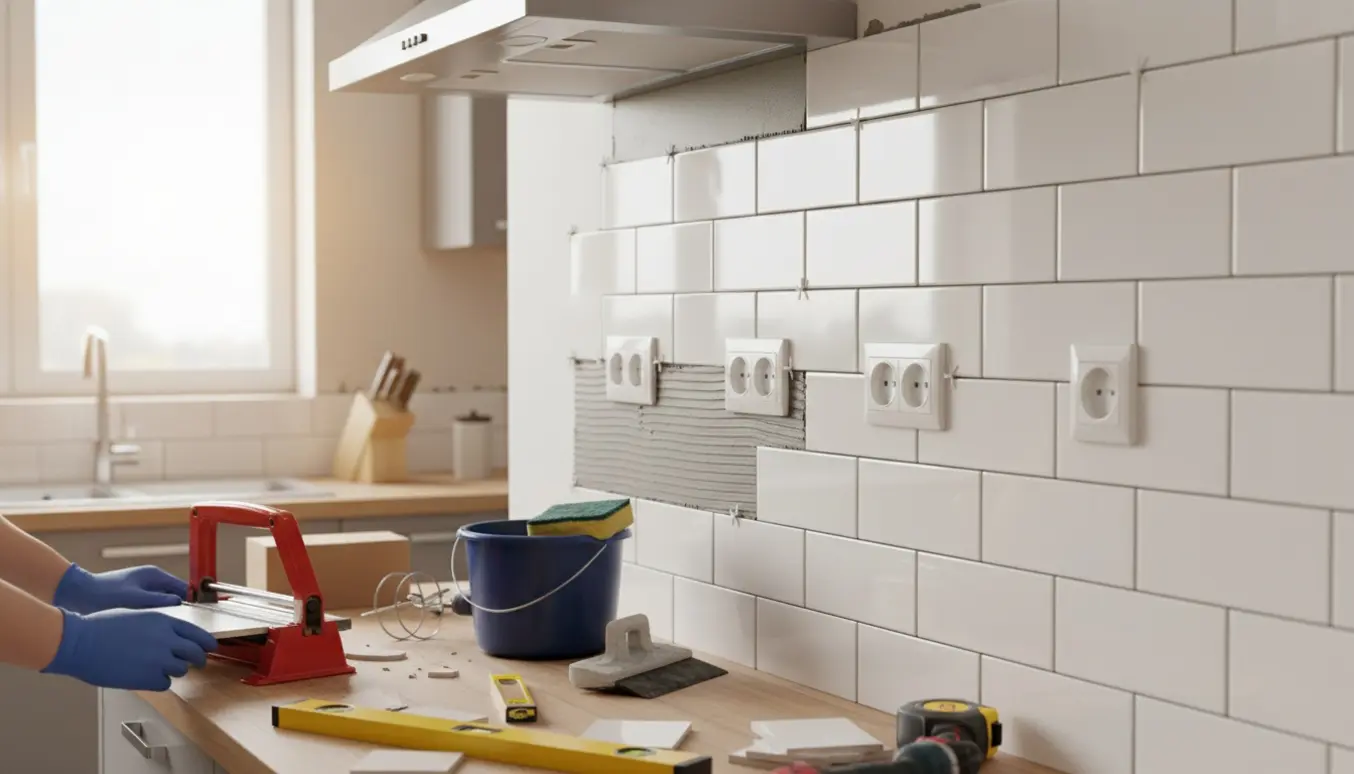Nærbillede af opsætning af hvide metrofliser i køkken med værktøj og udsavede fliser omkring stikkontakter og emhætte.