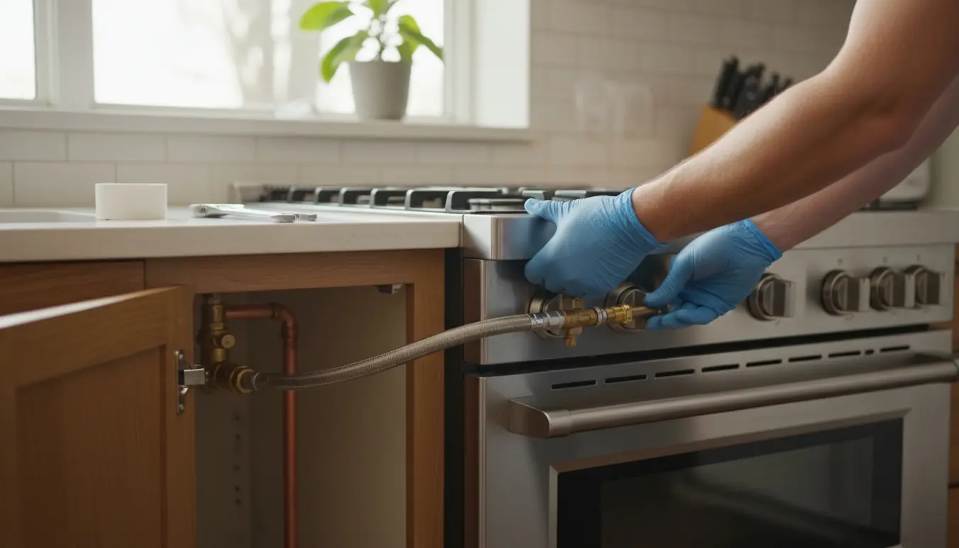 Nærbillede af hænder, der tilslutter en fleksibel gastilslutning bag et rustfrit komfur i et lyst, moderne køkken.