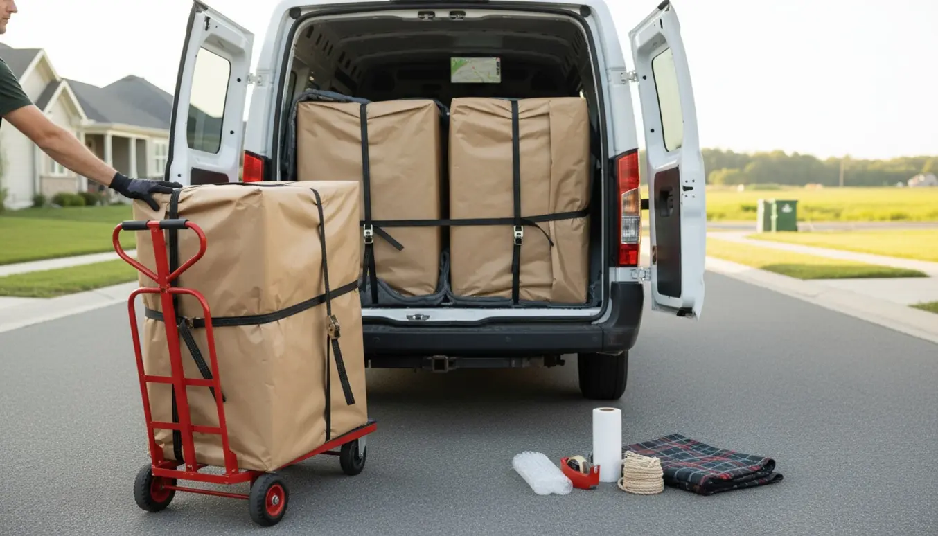 Bagenden af en varevogn med to indpakkede tv-borde sikret med tæpper og stropper, klar til transport.