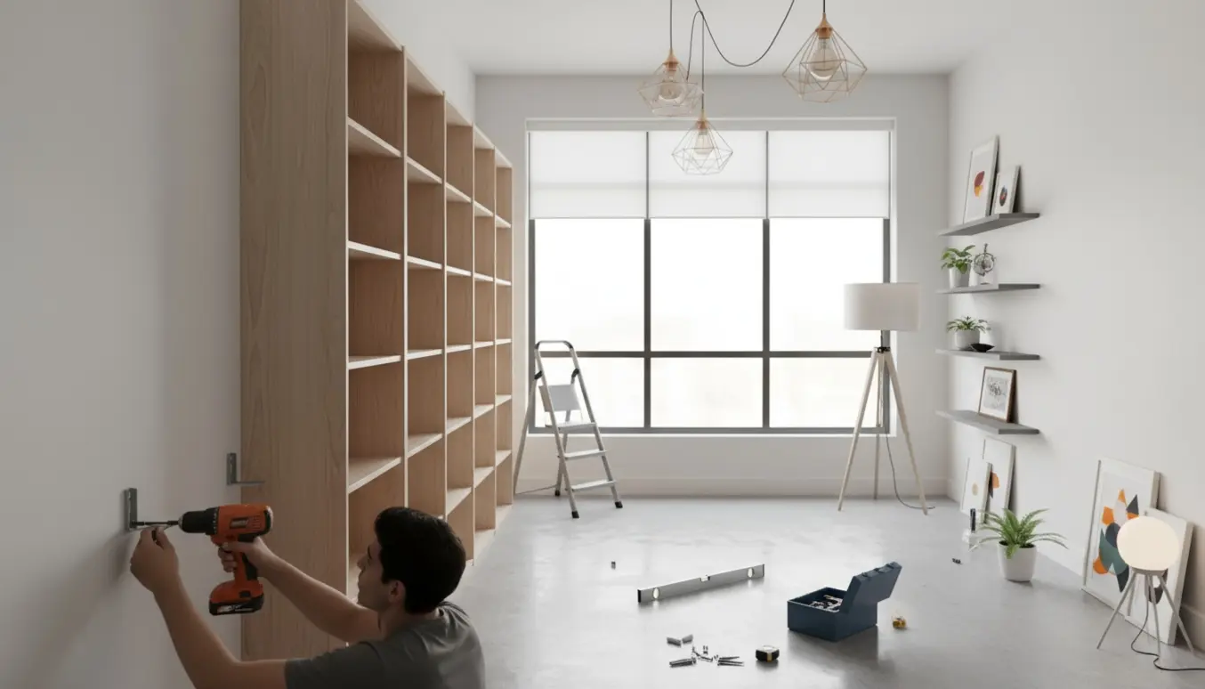 Lys lejlighed under indflytning med fem reoler, persienner, galleri-hylder og fire lamper under montering.