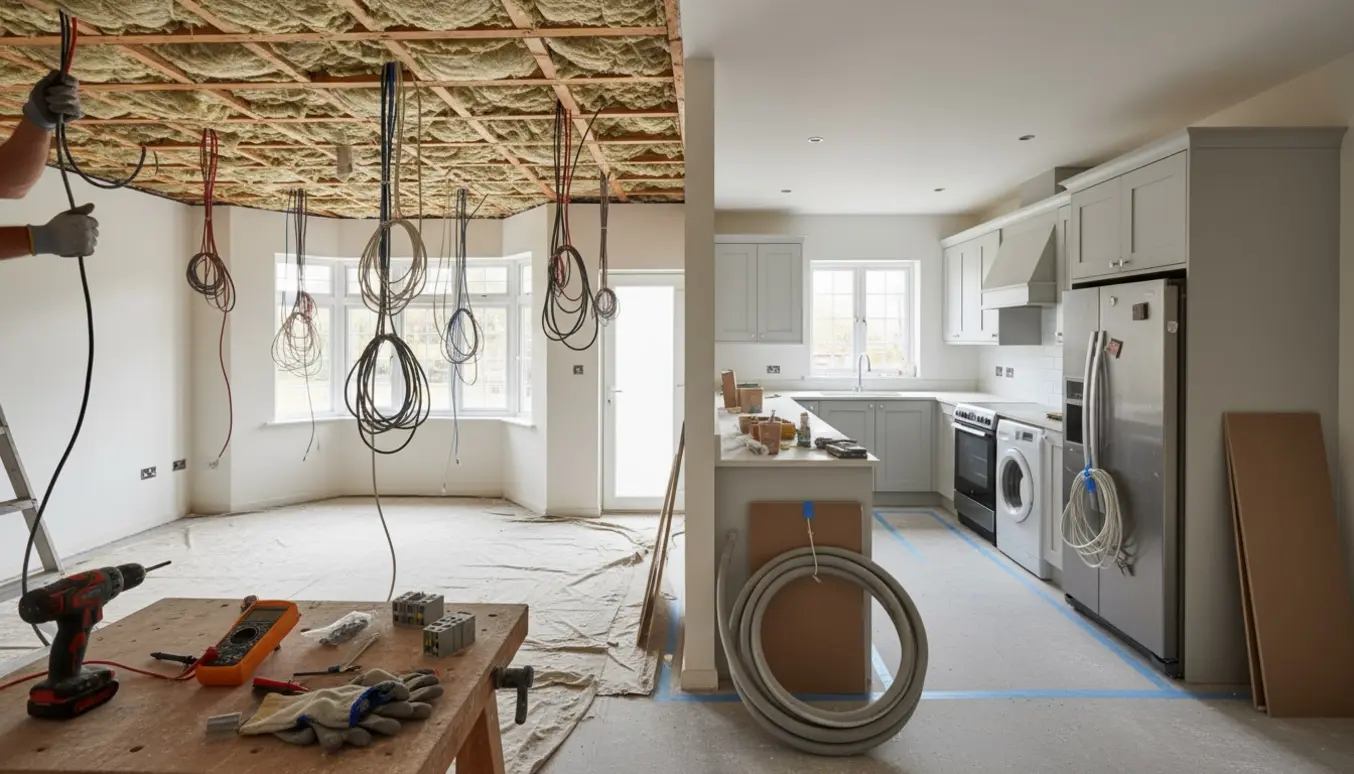 Udbedring af elinstallationer i køkken med blottede kabler, værktøj og afmærkede placeringer til vaskemaskine, ovn og køleskab.