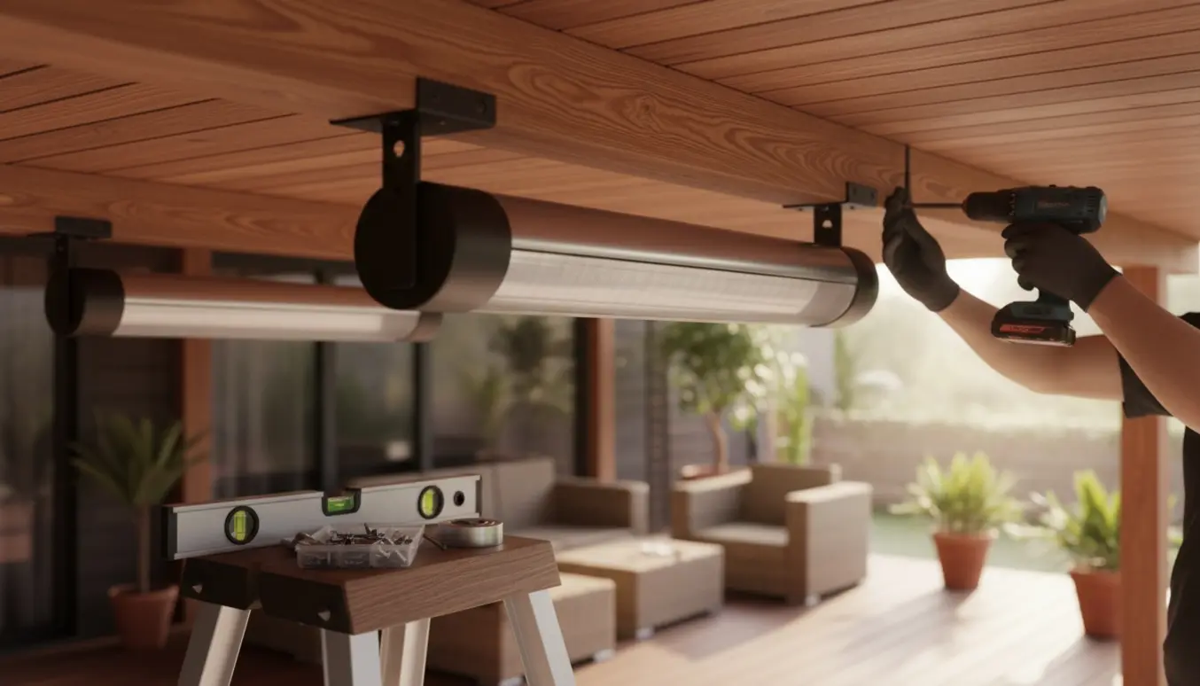 To varmelamper på træloft sættes op på en overdækket terrasse med beslag og skruer synlige.