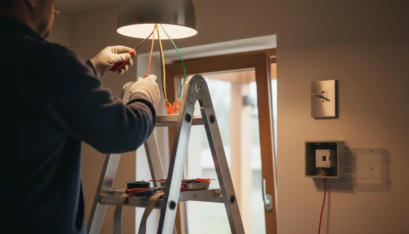 En montør på en høj trappestige tilslutter en ophængt lampe, mens et åbent relæ med en blinkende rød diode ses.