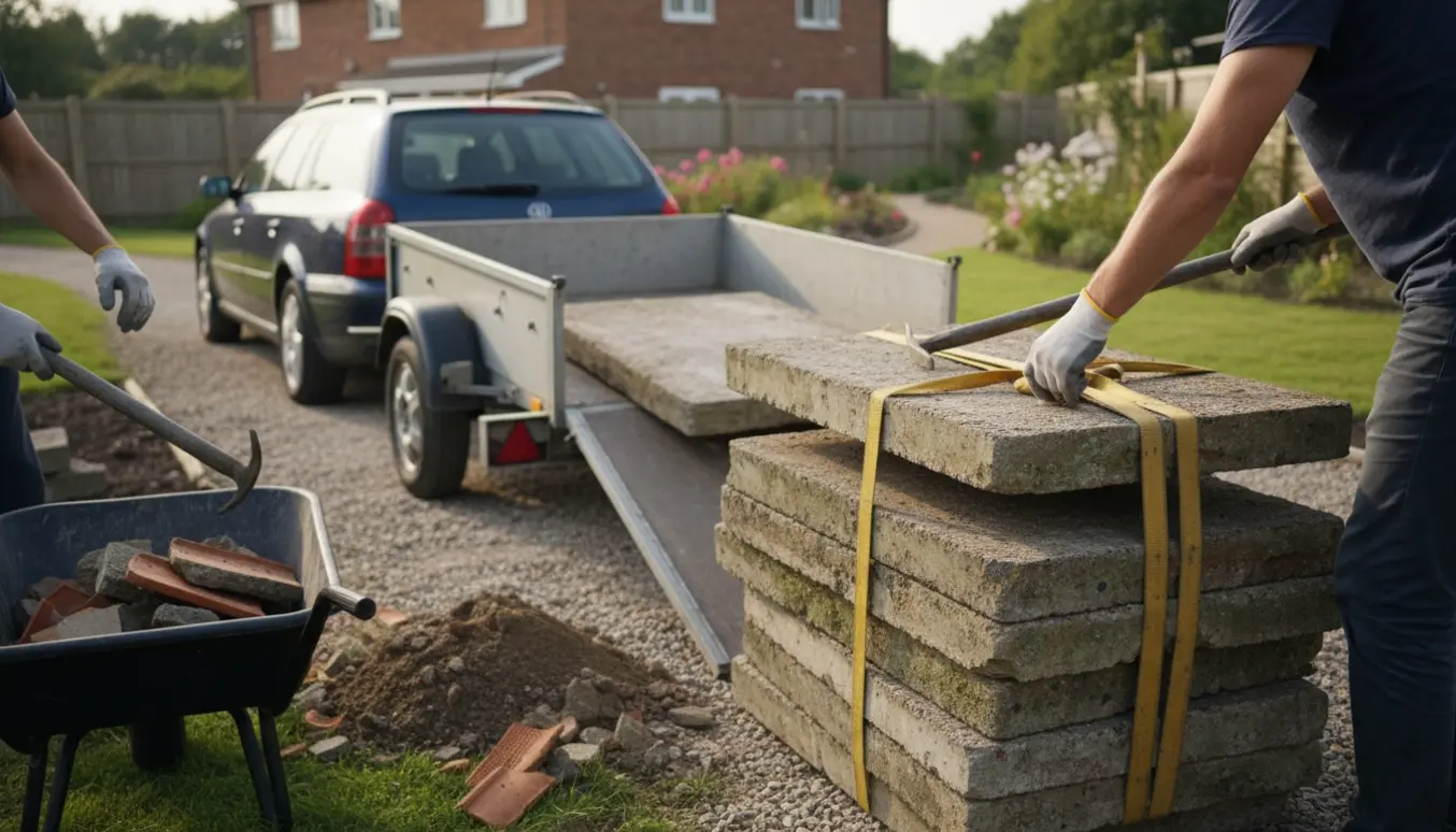 Trailer læsset med tunge betonfliser bag et hus, hvor arbejdshandsker og værktøj er ved at stable fliserne klar til bortkørsel.