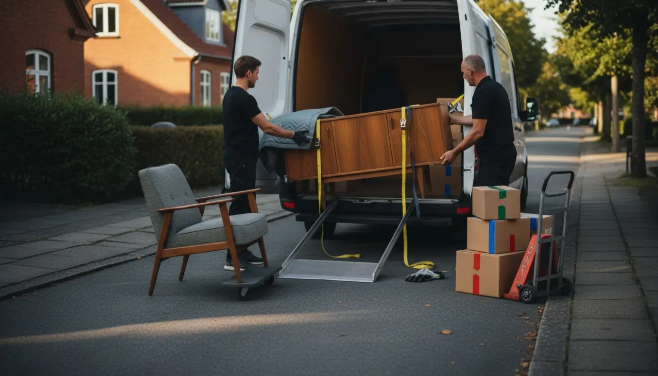 To møbler læsses forsigtigt ind i en flyttevan foran en bolig i Hillerød.