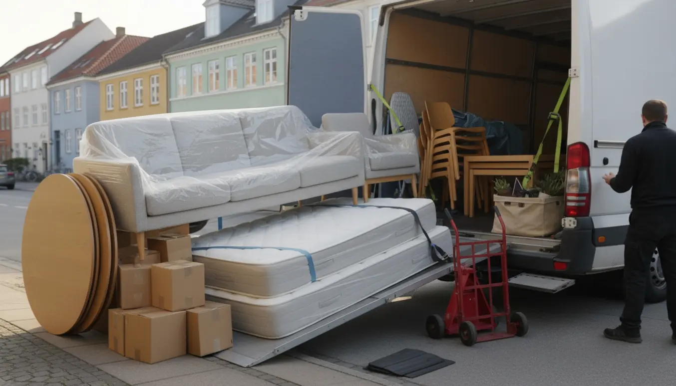Flyttefirma laster sofaer, madrasser, spisebord og flyttekasser på en varevogn på en rolig dansk gade.