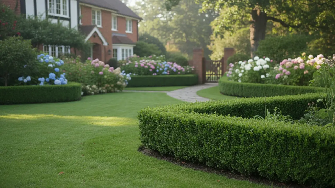 Velplejet, tæt grøn hæk langs græsplæne og sti i en dansk have