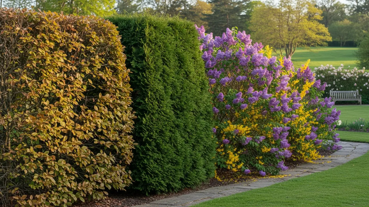 Sammenstilling af løvfældende, stedsegrøn og blomstrende hække i haven