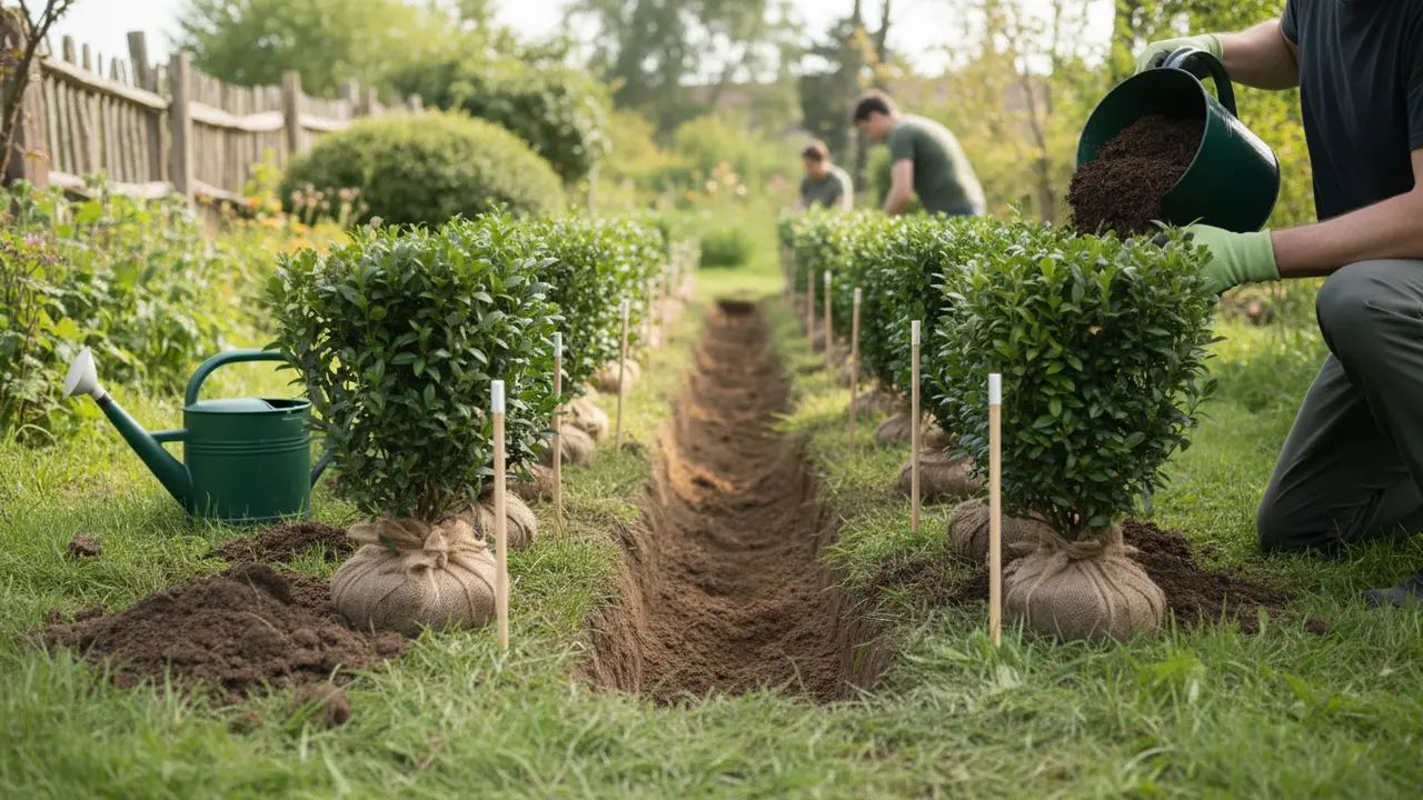 Nyplantede hækplanter i en ca. 50 cm bred rende med kompost og markører