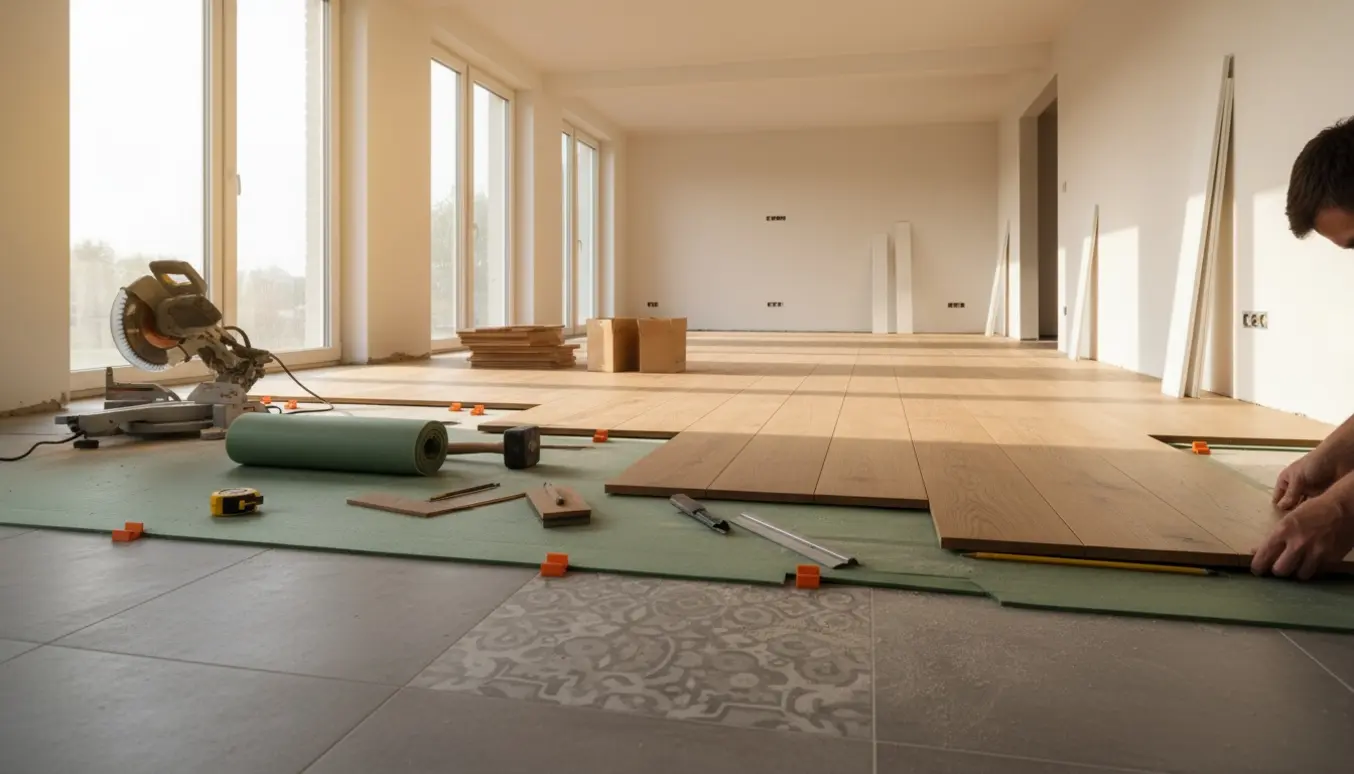Tomt rum med svømmende trægulv under installation, planker, underlag og lister klar til montering.