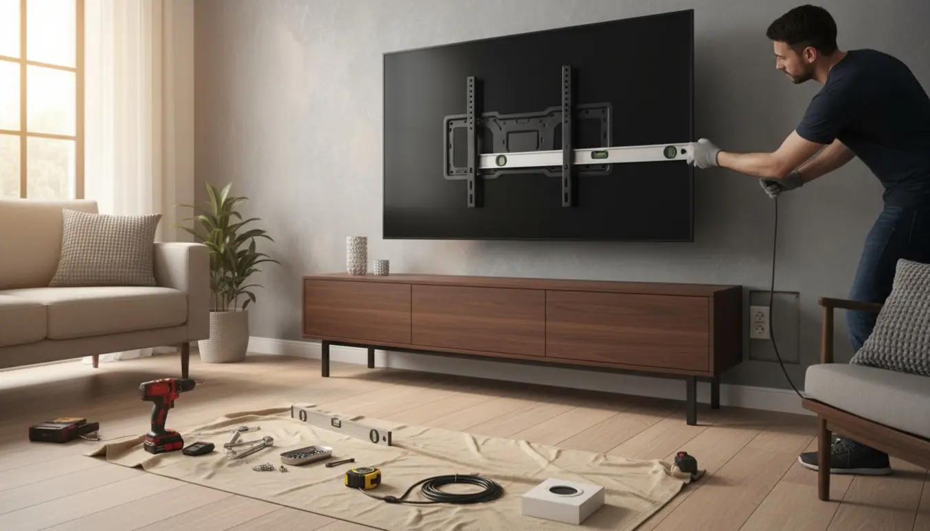 To personer monterer et nyt 85 tommer TV på en stuevæg, med beslag og værktøj i forgrunden.