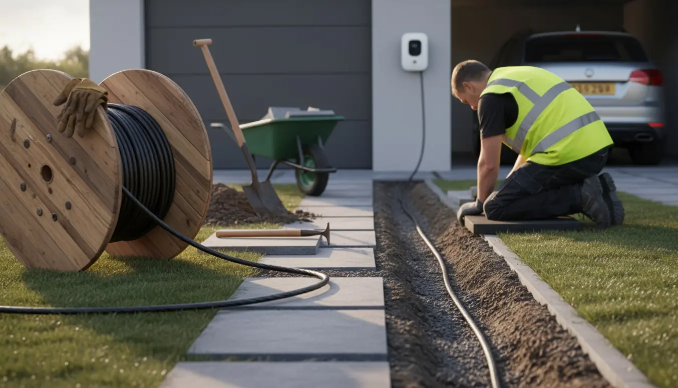 Åben rende langs en flisebelagt gang med kabelrør, kabeltromle og værktøj til nedgravning af elkabel til elbiloplader.