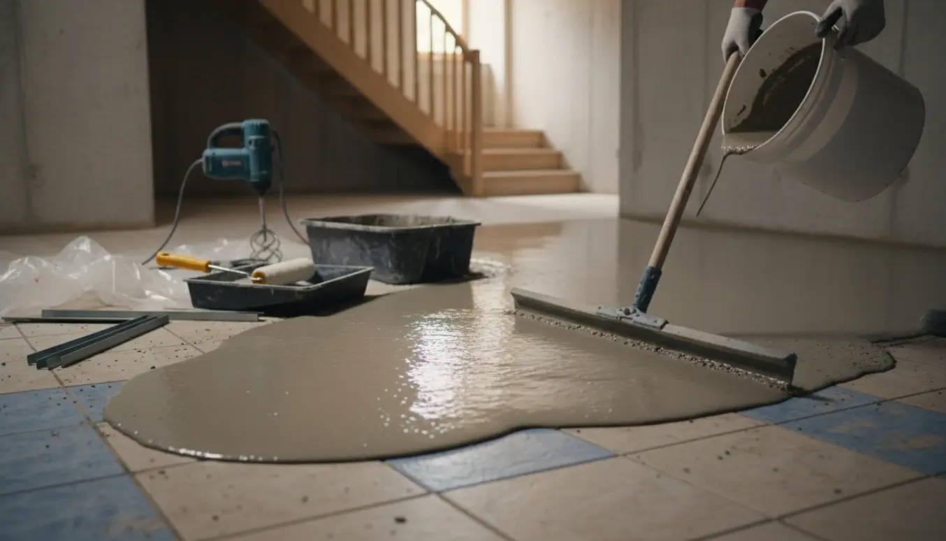 Selvnivellerende beton hældes og glattes over eksisterende klinkegulv i en kælder med lys fra trappeåbningen.