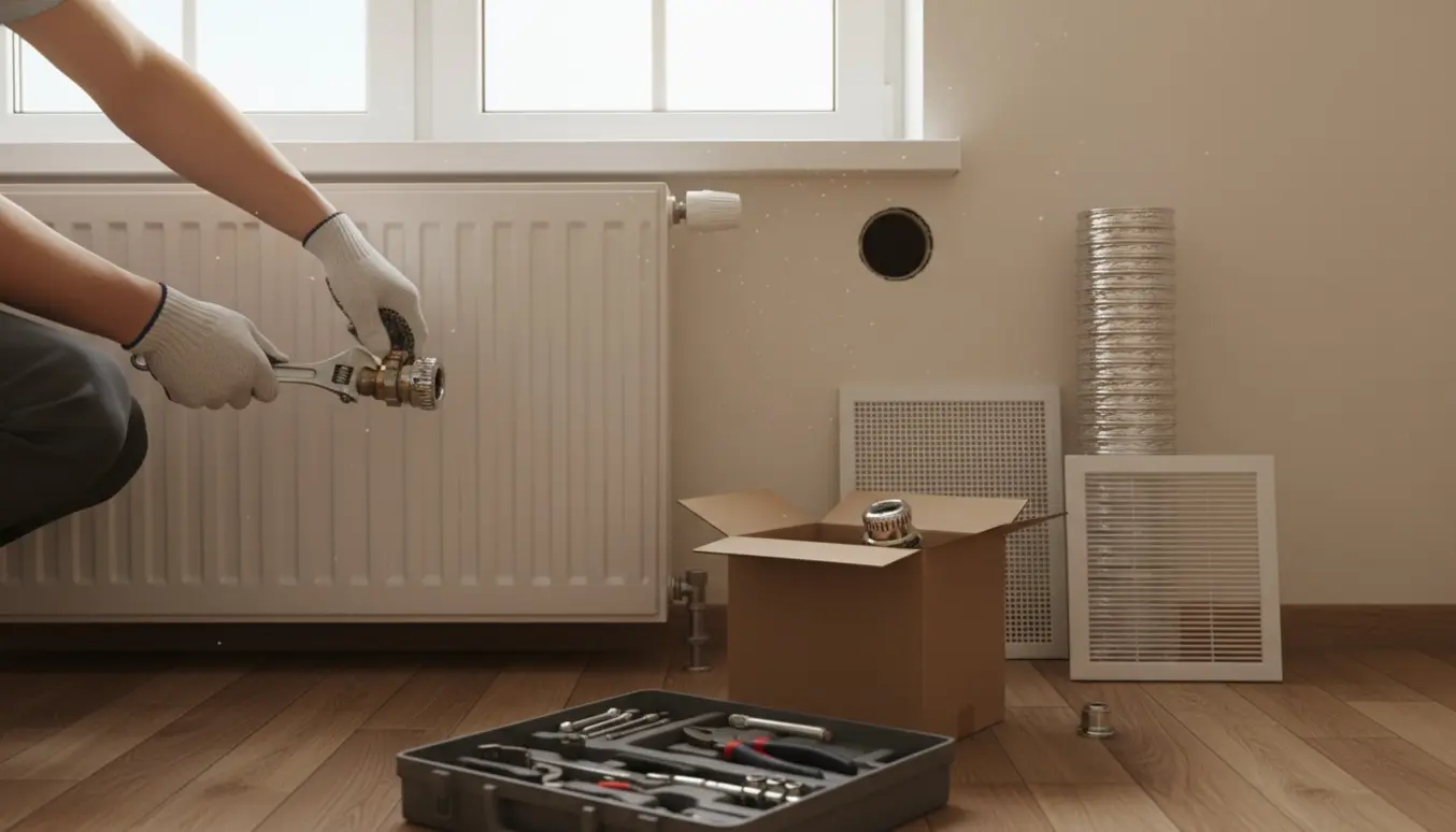 Handskerede hænder udskifter radiatorventil med nyt termostat, ny ventilationsrist står klar i en lys lejlighed.