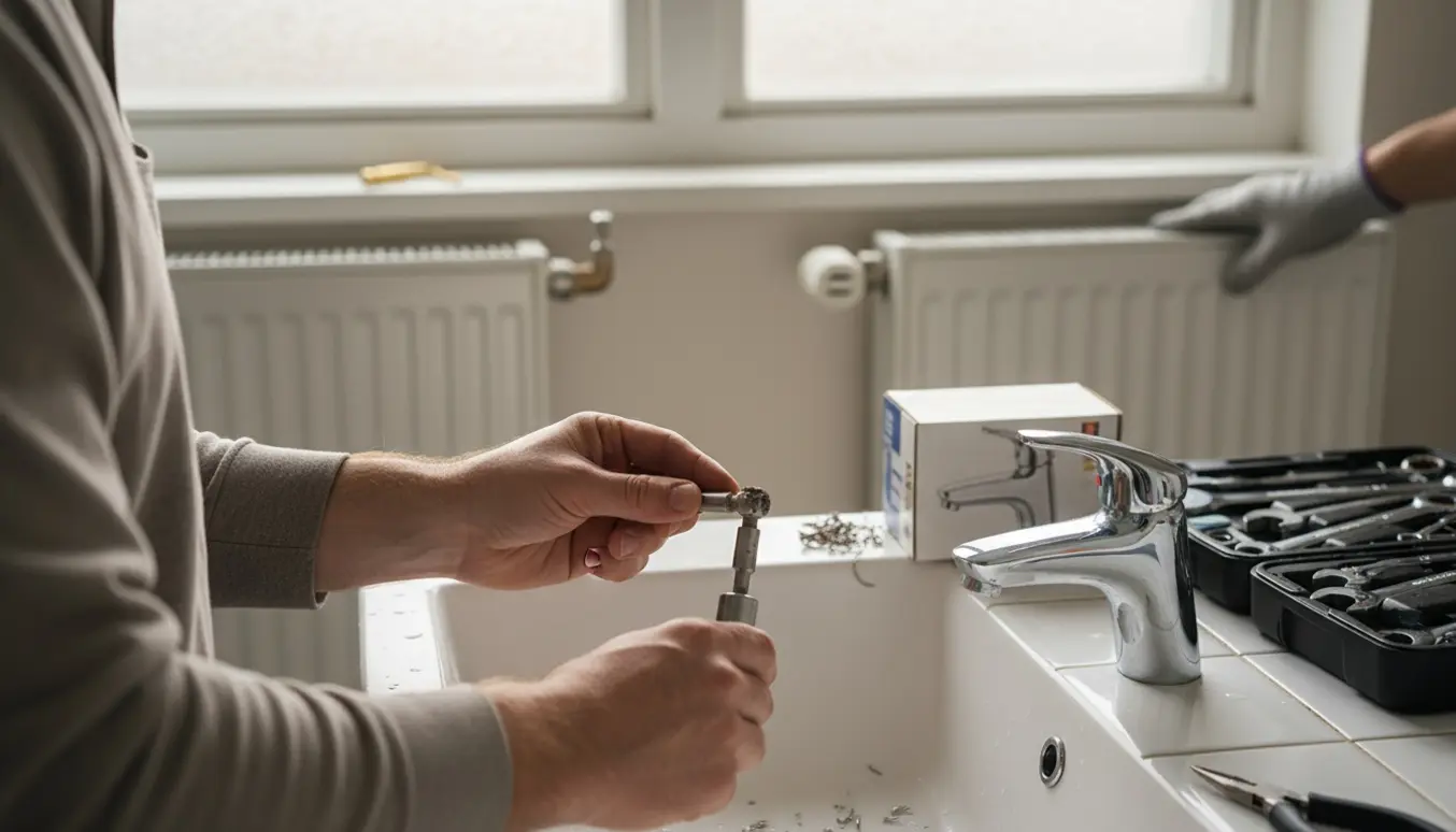 Nærbillede af udskiftning af baderumsarmatur med kværnet skrue og kontrol af kolde radiatorer.