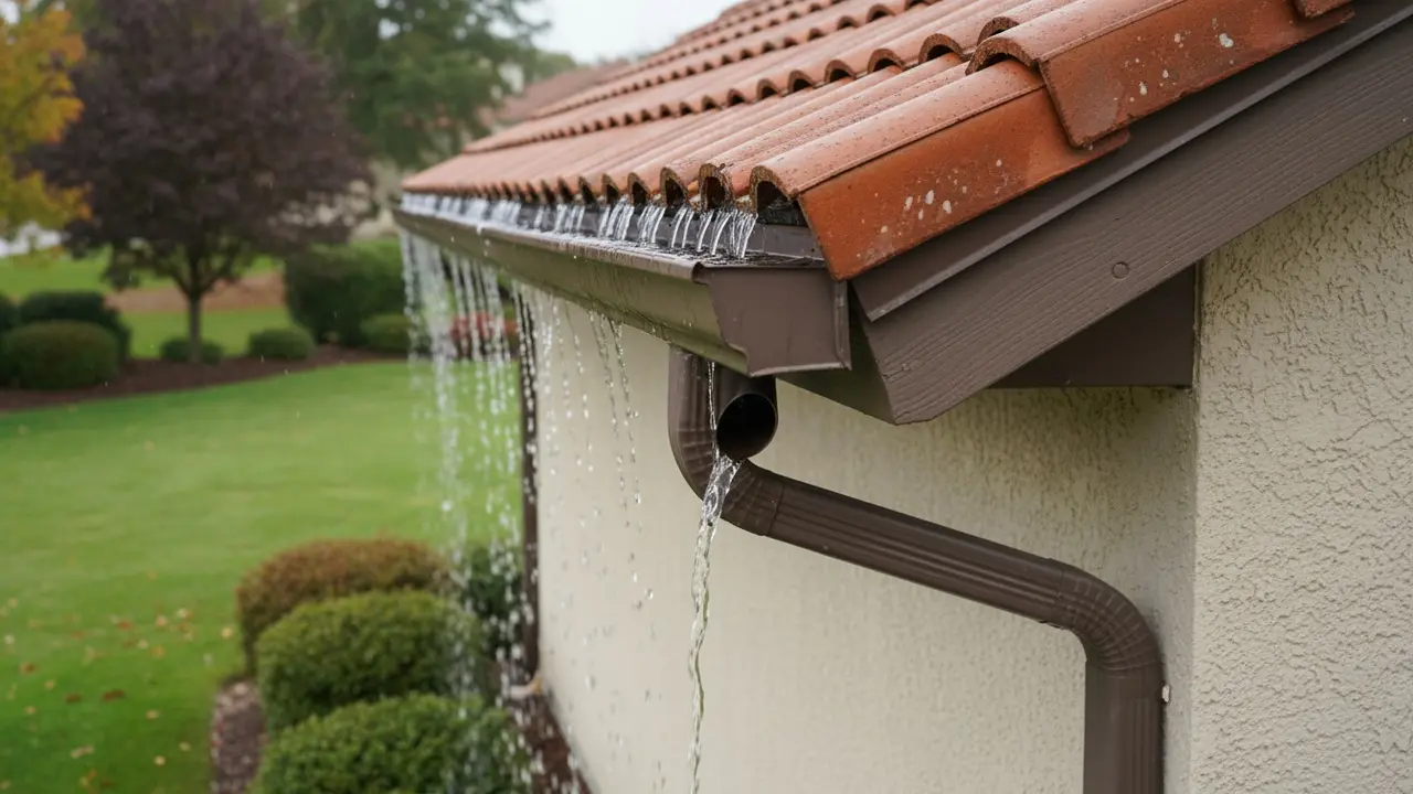 Husets tagrende og nedløbsrør der leder regnvand væk fra taget.