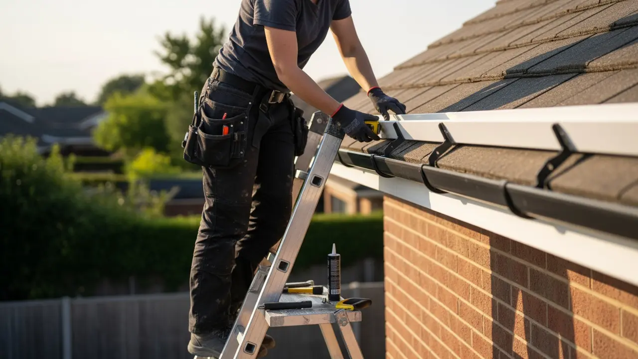Håndværker på stige måler og monterer ny tagrende med beslag og værktøj.