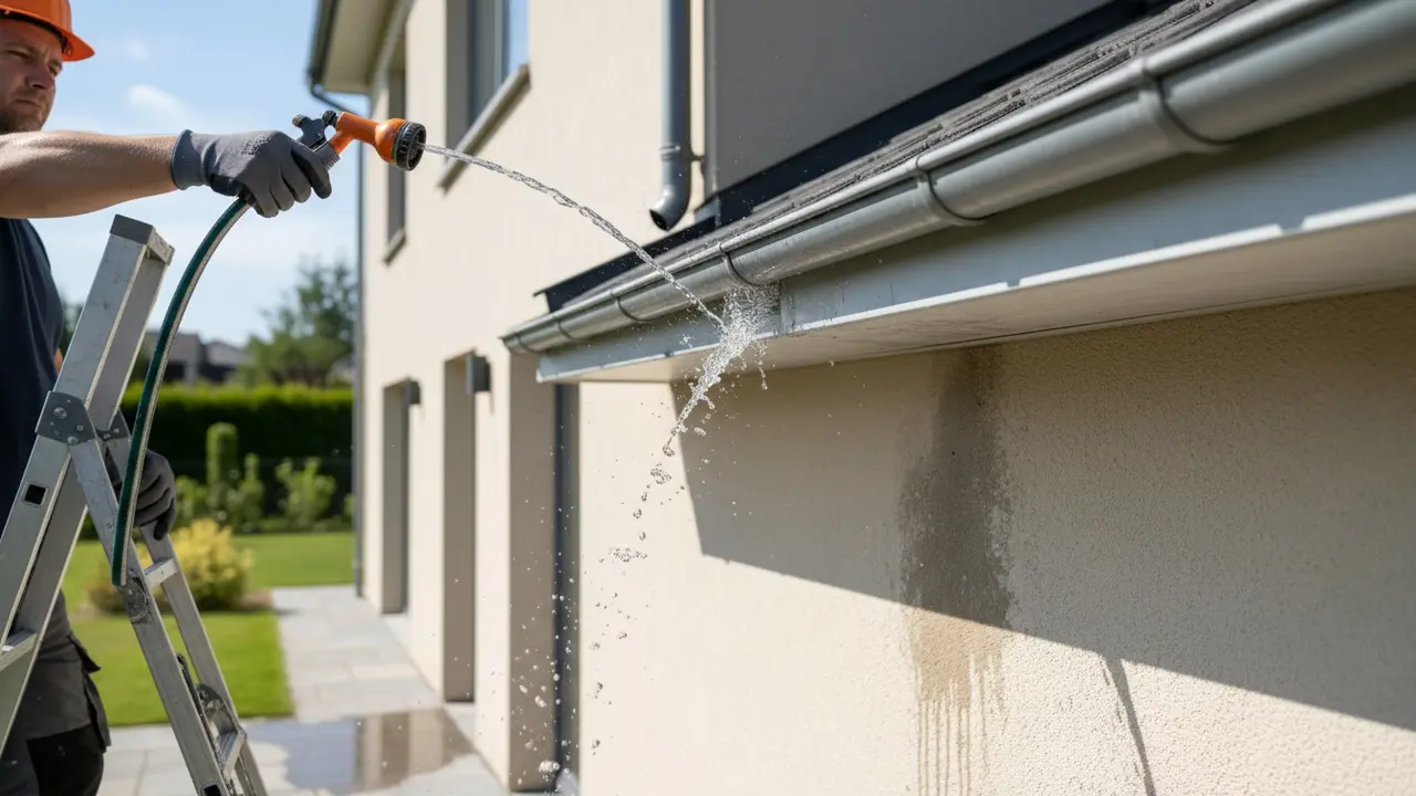 Fyldning af tagrende med haveslange for at kontrollere lækager ved samlinger.