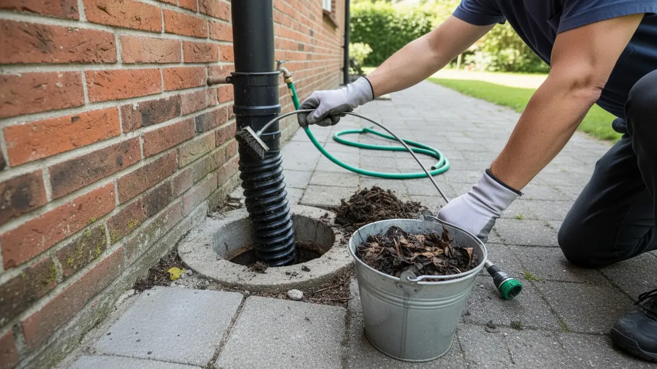 Rensning af nedløbsrør med fleksibel rensebørste fra brøndens bund.
