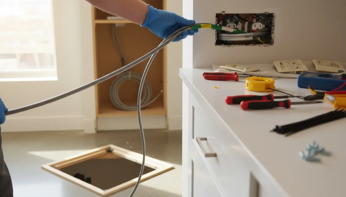 Nærbillede af elektrikerhænder, der trækker kabler og installerer nyt ovn- og kogepladestik i et lyst moderne køkken.