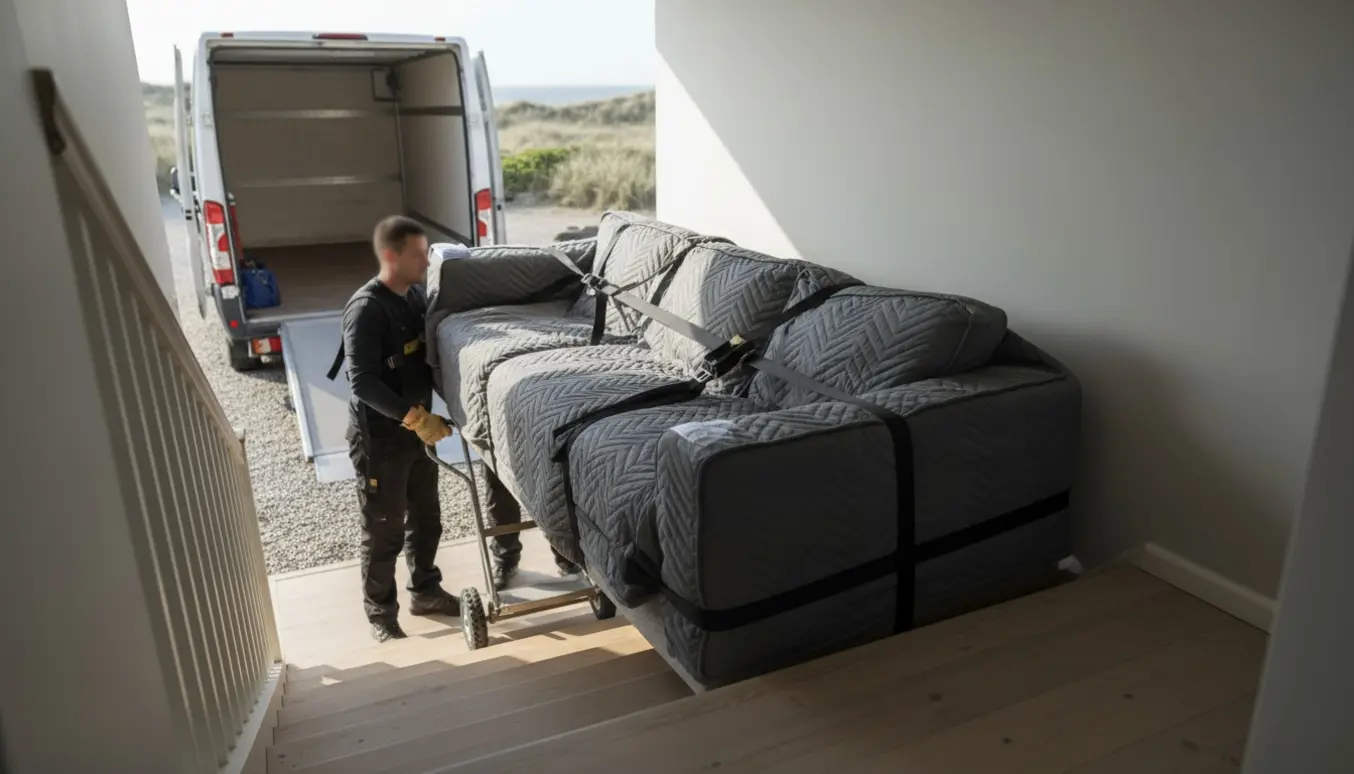 Stor sofa pakket i flyttetæpper bæres ned ad en smal trappe og læsses i en flyttevogn, mens ansigter er skjulte.