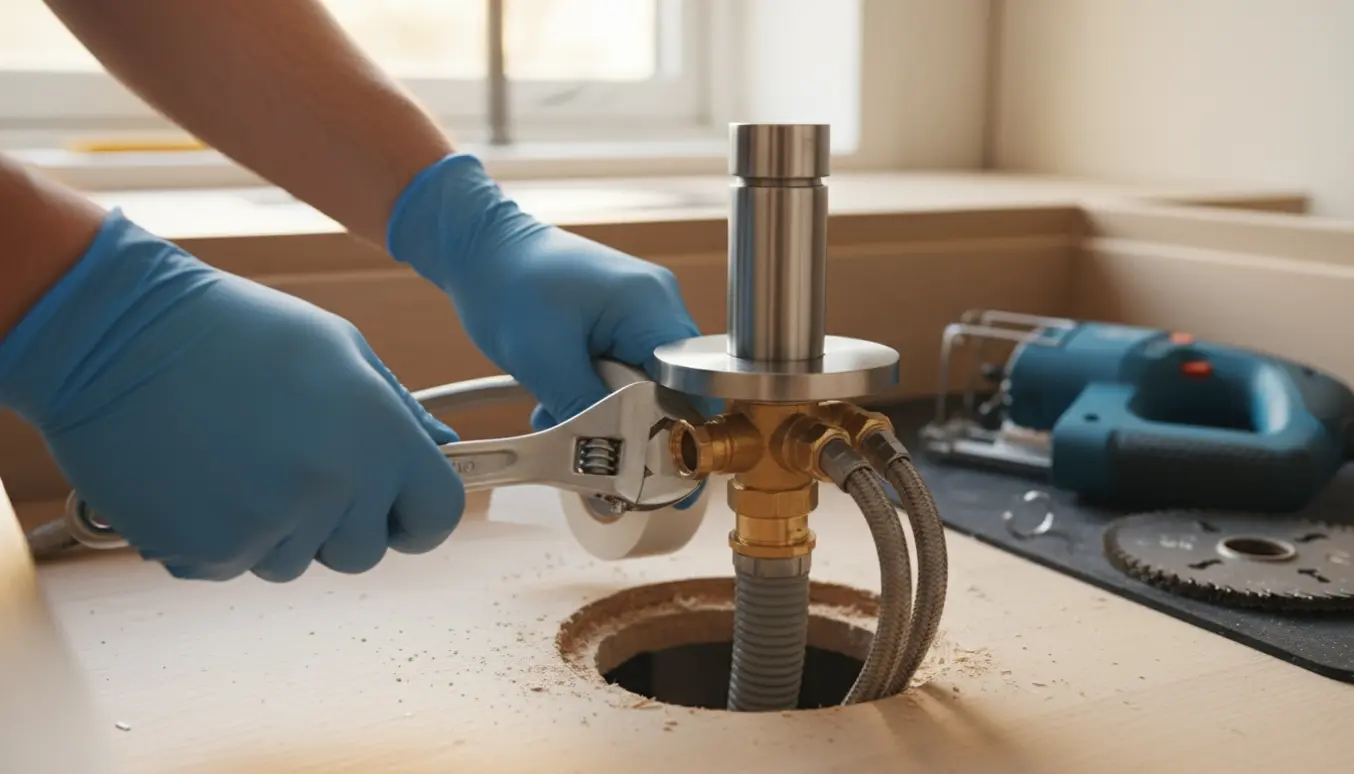 Hænder tilslutter et Vola blandingsbatteri og opvaskemaskineslange til en stålplade i et køkkenskab.