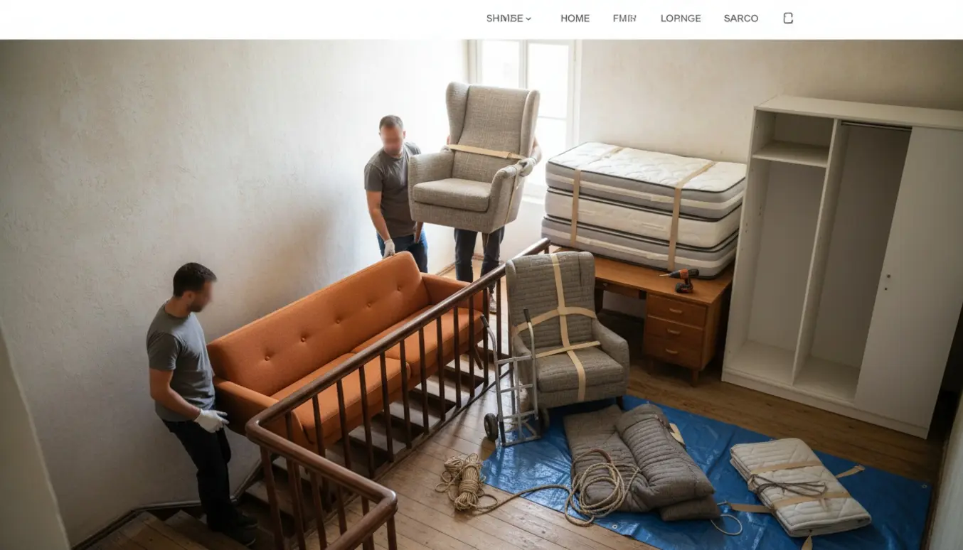 Flyttefolk bærer møbler ned ad en smal trappe fra en 2. sal, med madrasser, afmonteret klædeskab og indpakkede møbler på landingen.