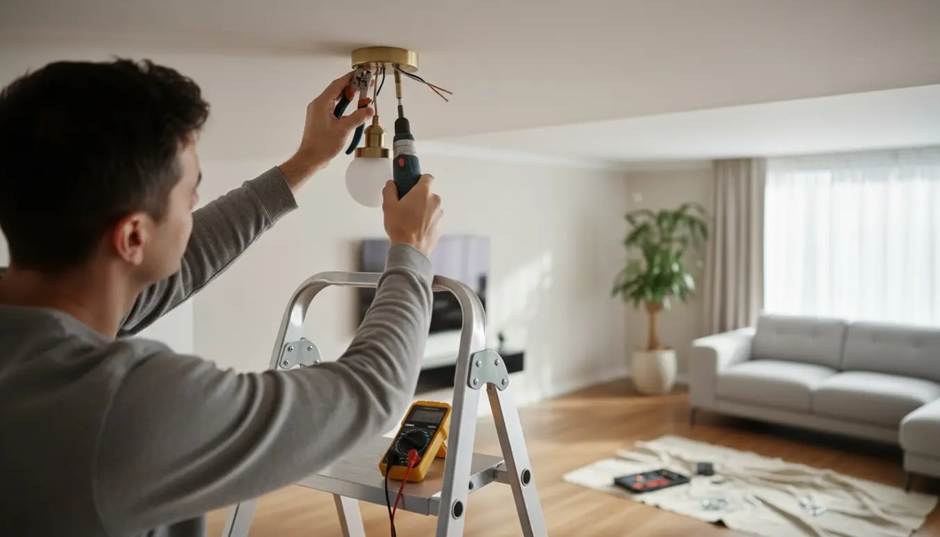 Hænder på en stige installerer en loftslampe i en lejlighed med værktøj og multimeter ved siden af.
