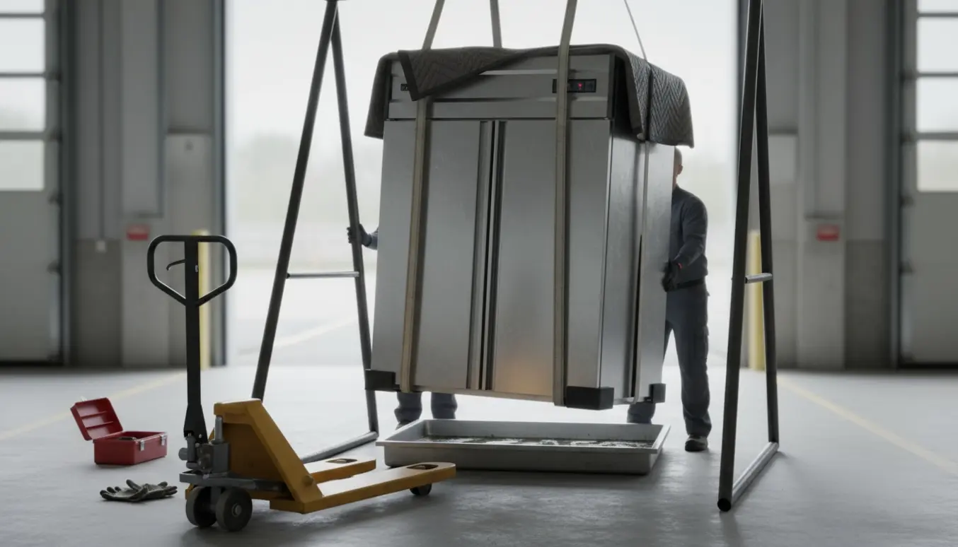 Teknikere løfter et stort dobbelt køleskab op af en lav spildbakke med løftestropper og en palleløfter klar.